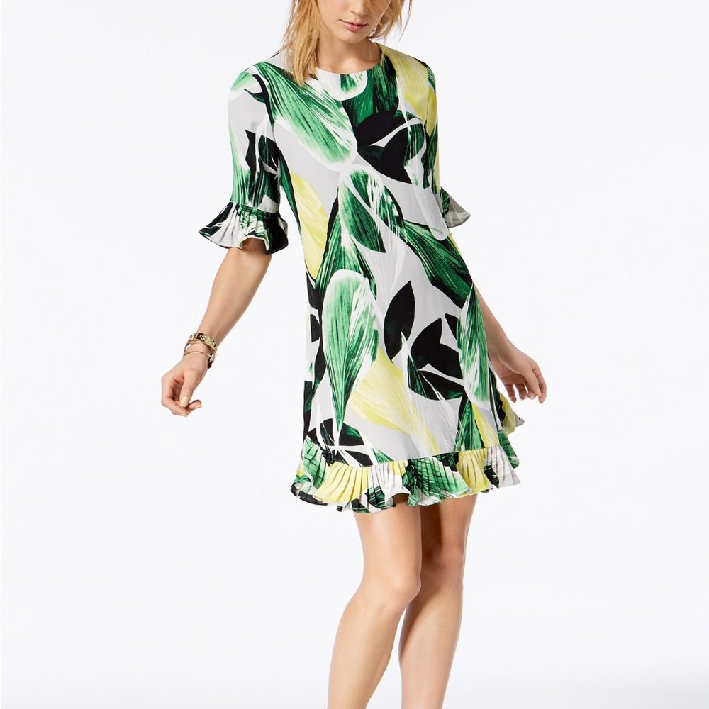 !!~Palm Fan Printed Pleated-Trim Dress~!!